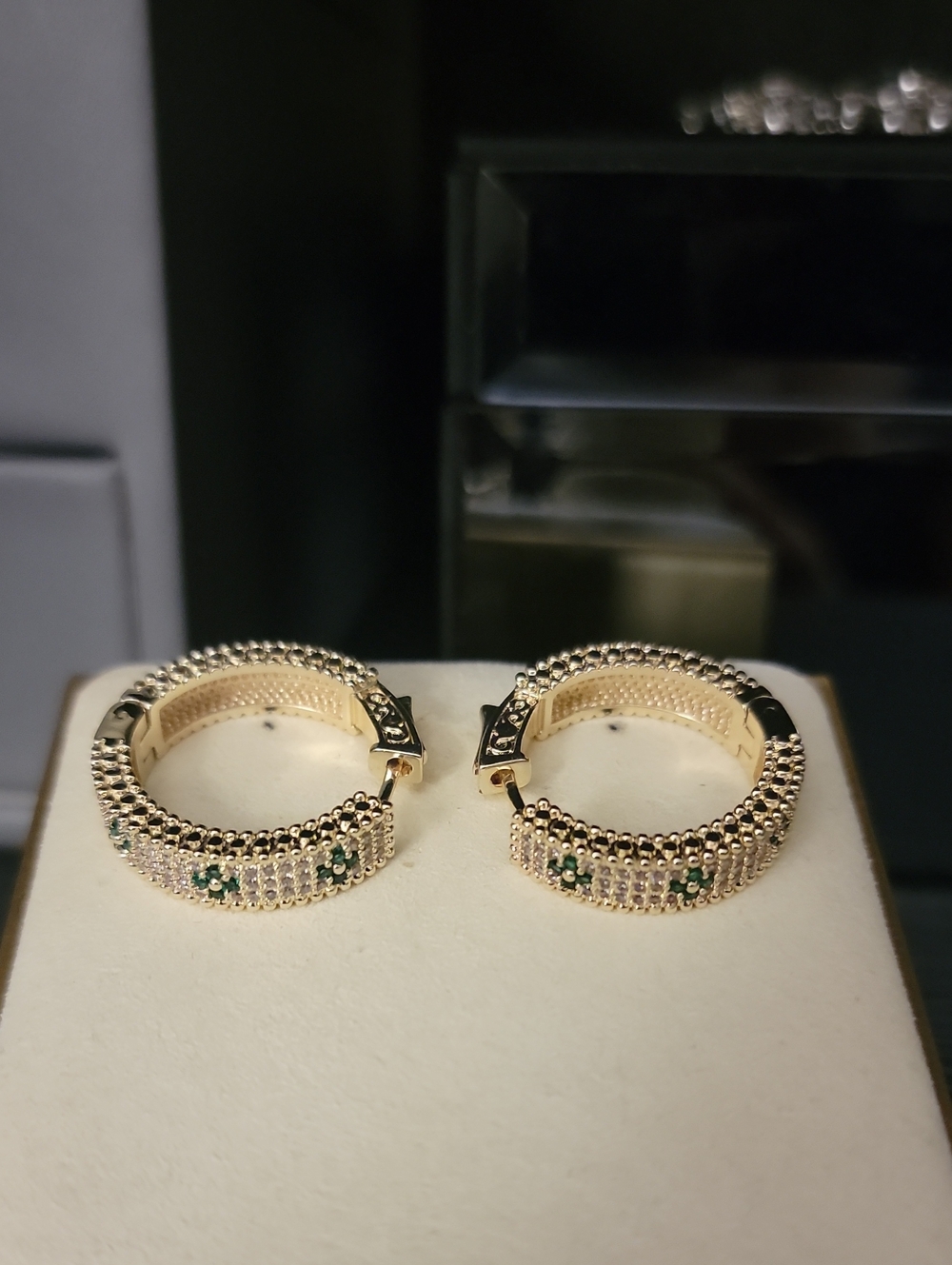 Gorgeous Gold-Tone Hoop Earrings with Green Clover Accent Stones